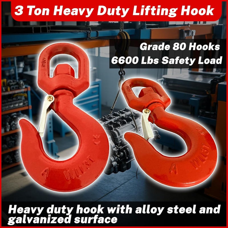 HENBOW 3 Ton Swivel Lifting Hooks,G80 Trailer Chain Hooks with Safety Latch,6600Lbs Safety Load Limit,Heavy Duty Alloy Steel Round Rotating Sling Towing Log Hook for Lifting and Towing - Image 2